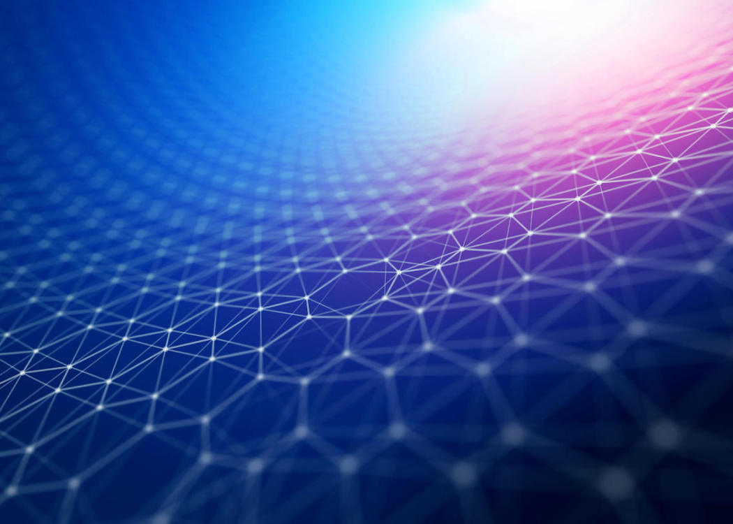 Image abstraite d’un motif hexagonal avec un mélange de couleurs bleues et magenta. 