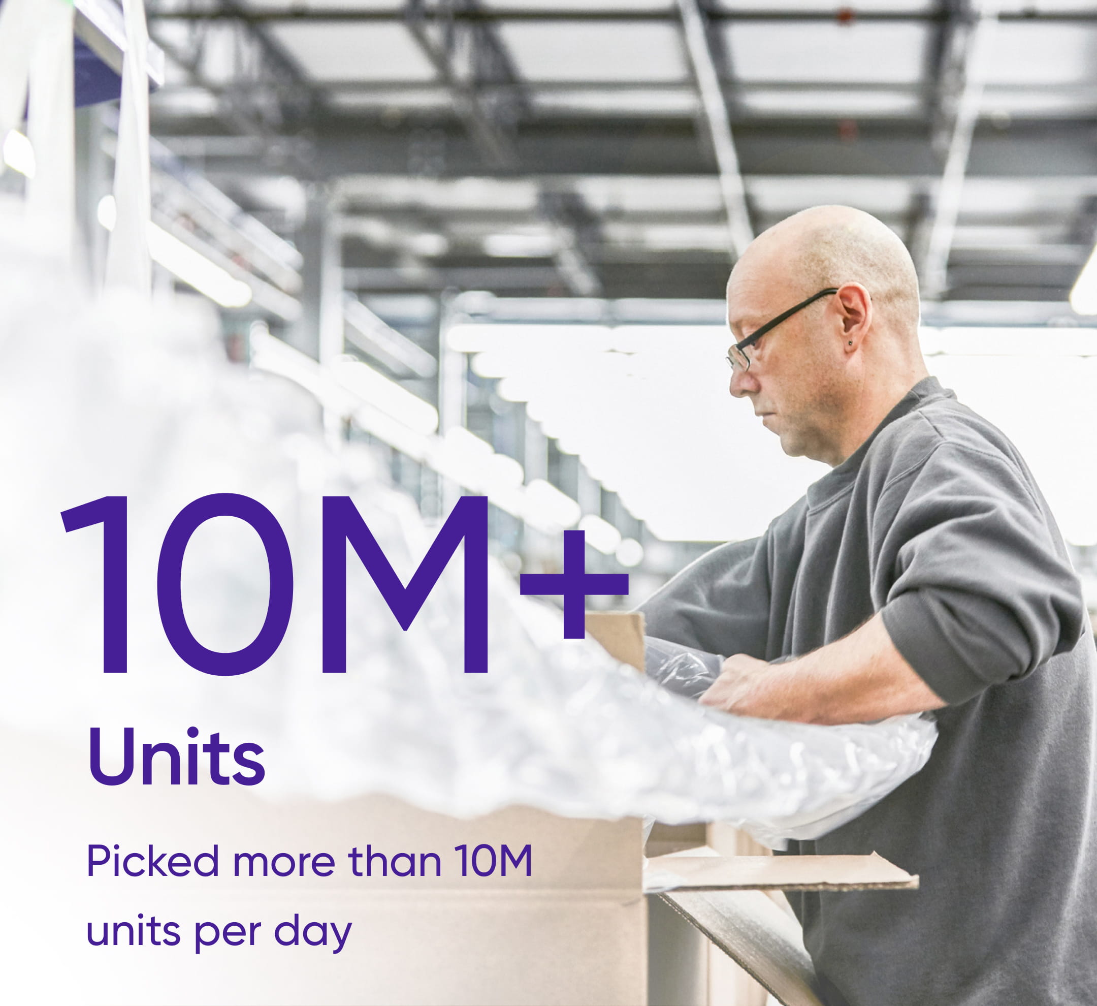 Statistic communicating that distributors picked more than 10M units per day. Also shown a warehouse worker packing boxes in one of our distribution centers.