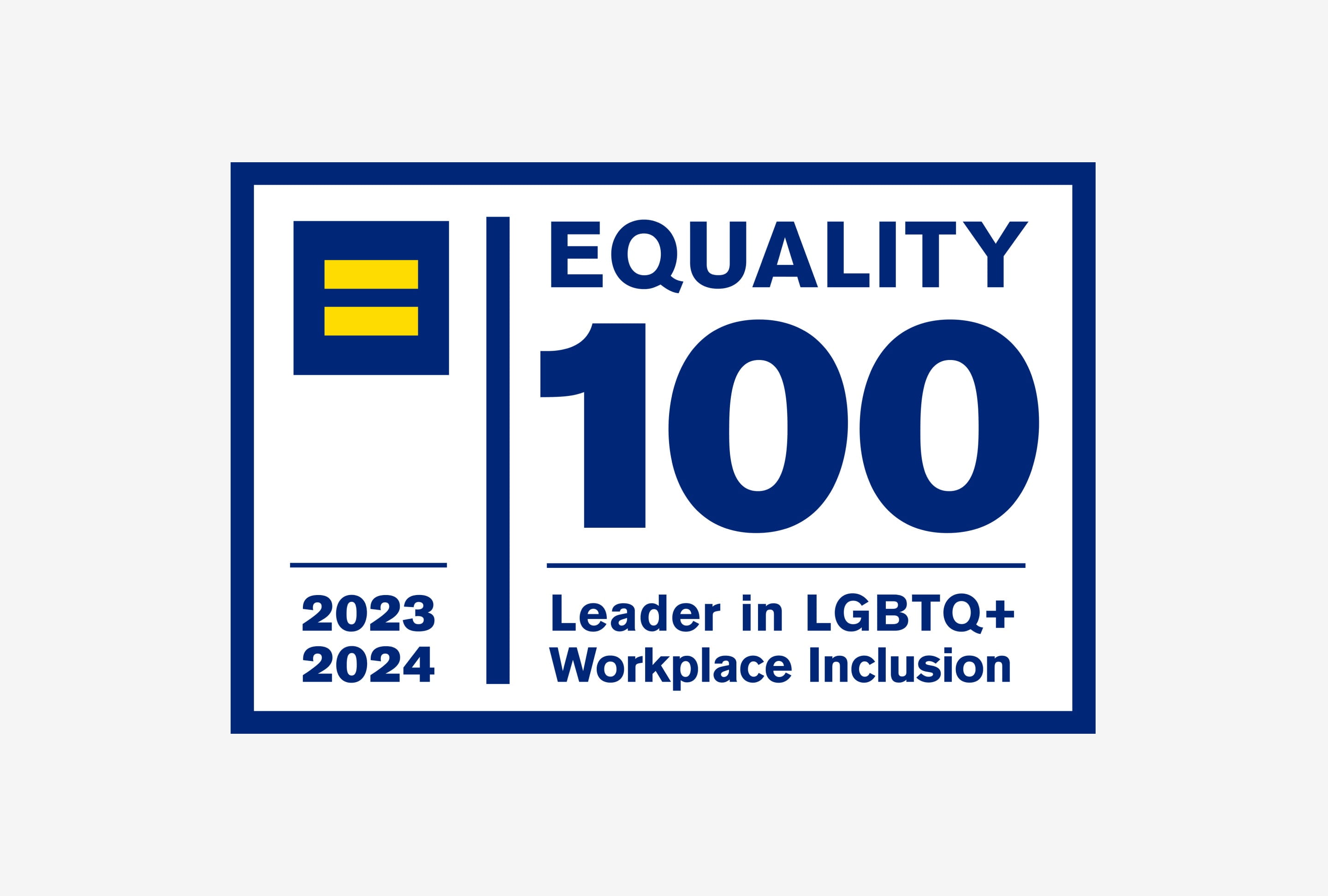 Logo de l’indice d’égalité des entreprises 2023-2024 de la Human Rights Campaign Foundation. Il comprend également le texte « Chef de file en matière d’inclusion des personnes LGBTQ+ en milieu de travail ».