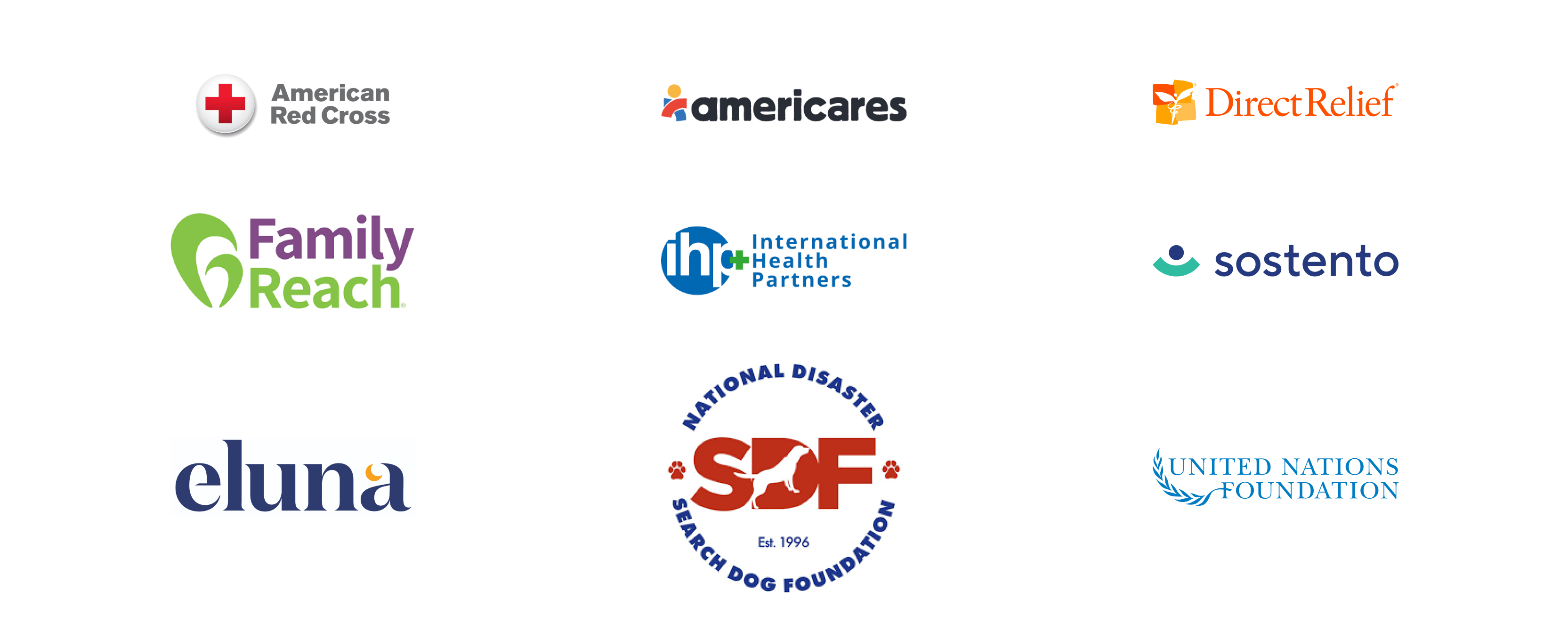 Logotipos de nueve socios diferentes de Cencora, entre ellos la Cruz Roja Americana, Americares, DirectRelief, Family Reach, International Health Partners, Sostento, Eluna, National Disaster Search Dog Foundation y United Nations Foundation. 